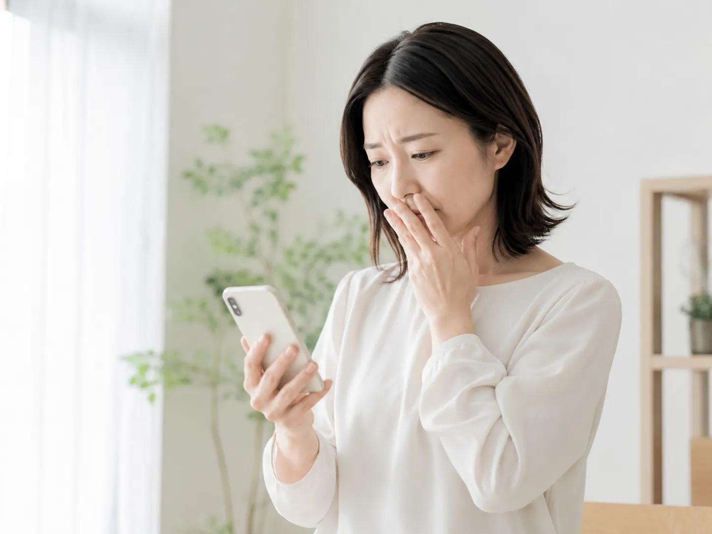 スマートフォンを見ながら不安を感じている女性