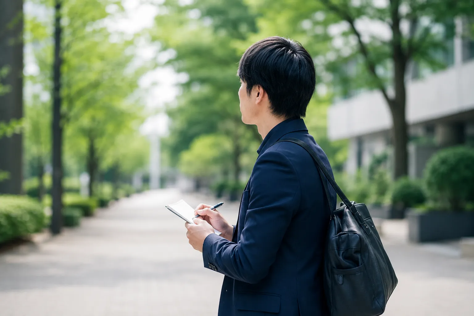 屋外で対象者の状況を記録する調査員