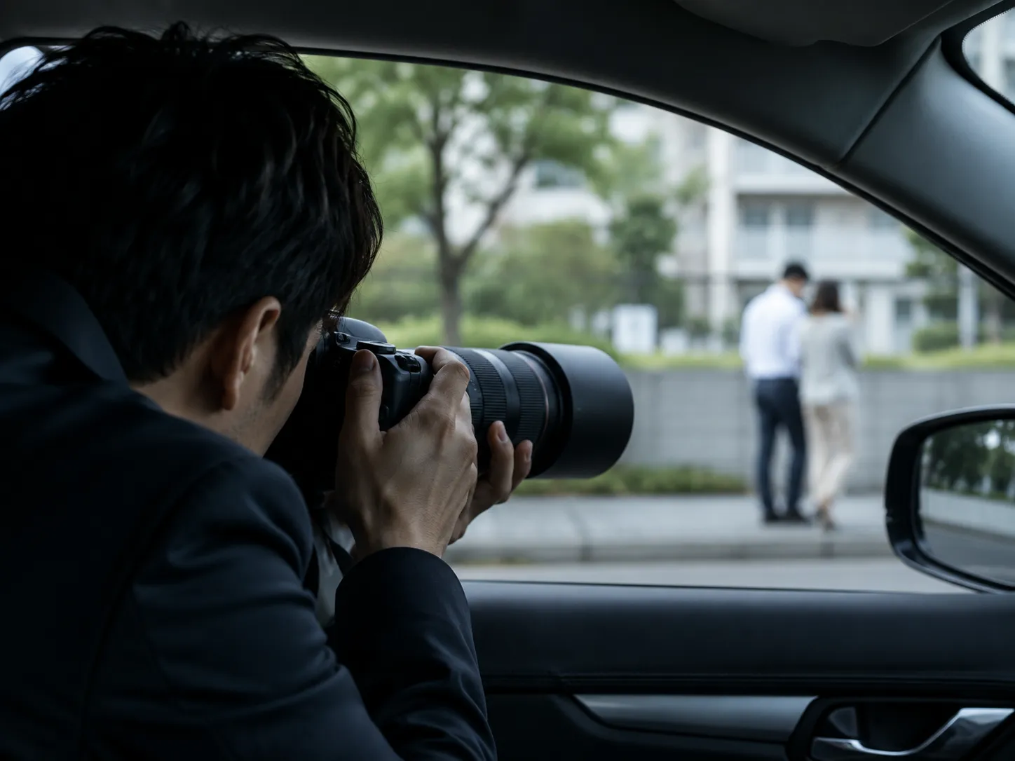 車内から対象者の行動を確認する調査員